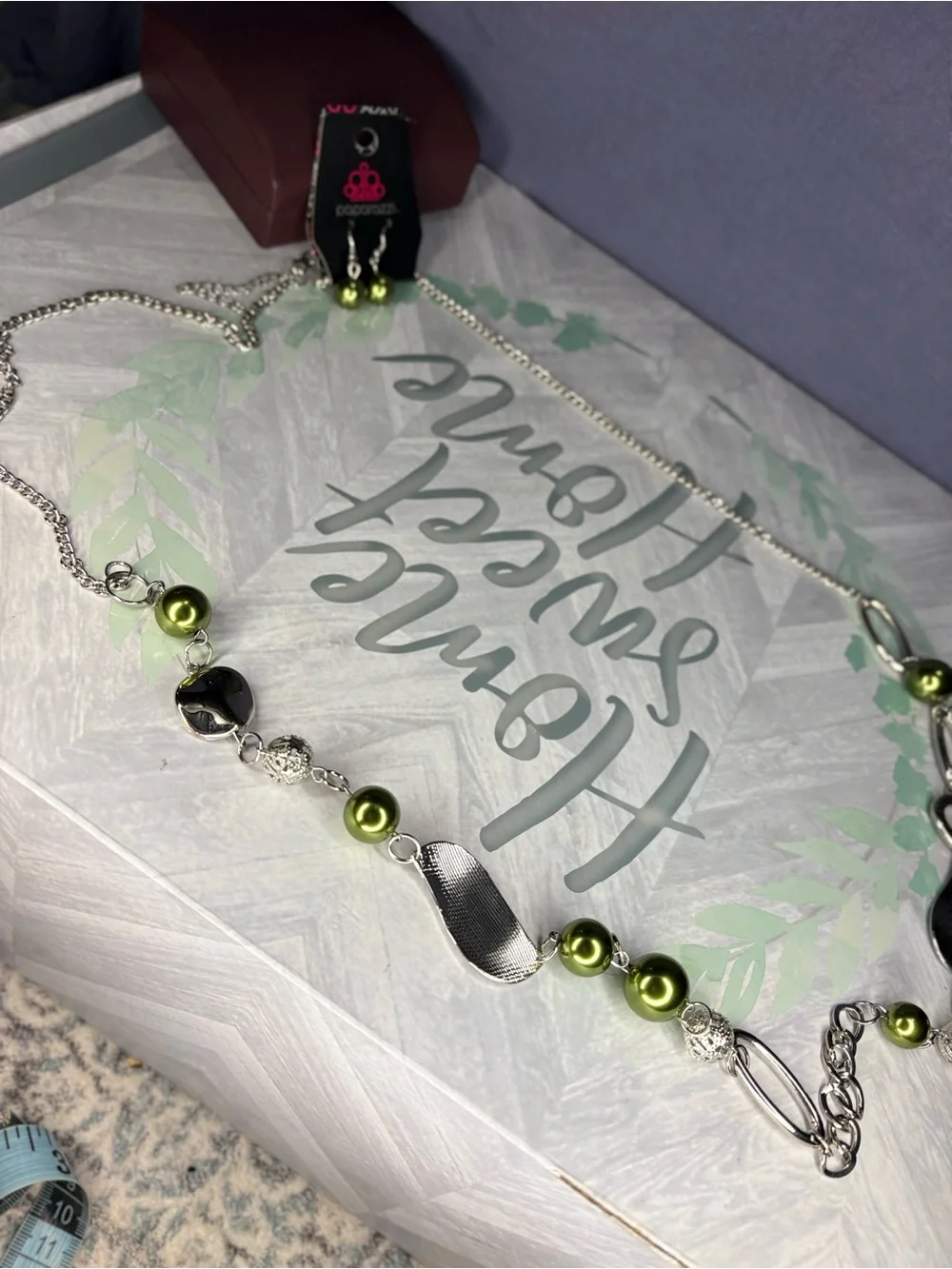 Paparazzi Green Pearl & Silver Link Statement Necklace & Earrings Set